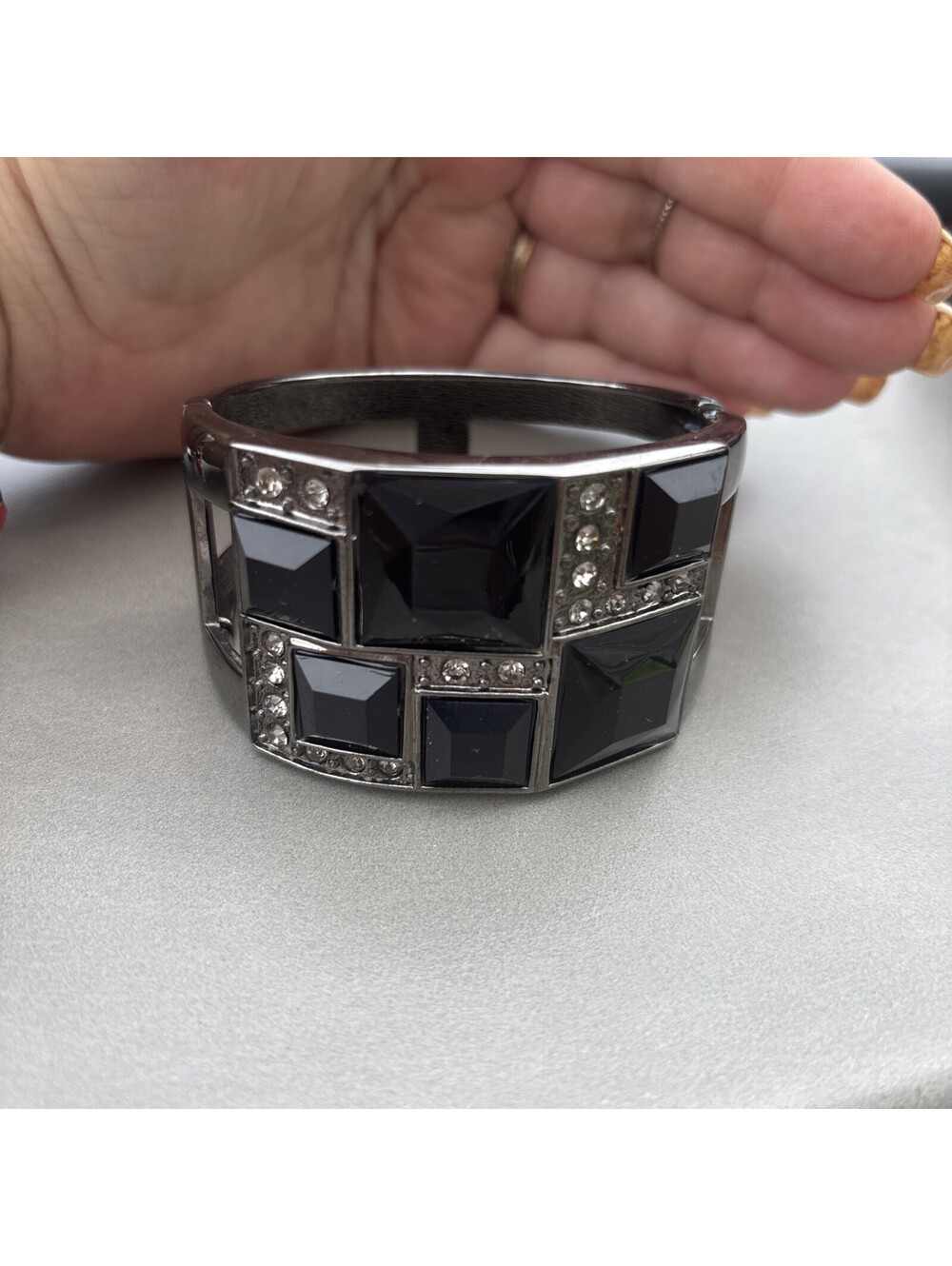 CHUNKY Clamper Bracelet Black and Clear Rhinestones Silvertone Bold Fancy!